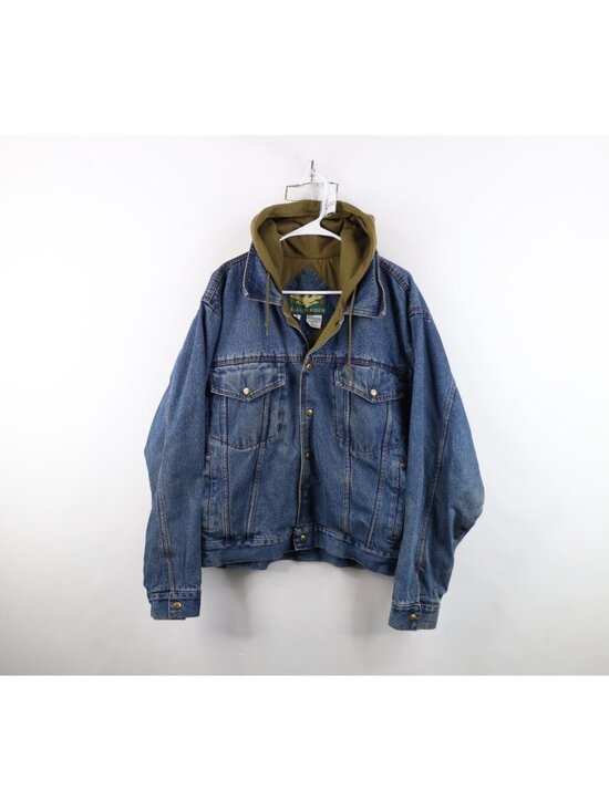 Vintage 90s Streetwear Mens Medium Distressed Hooded Denim Trucker Jacket Blue
